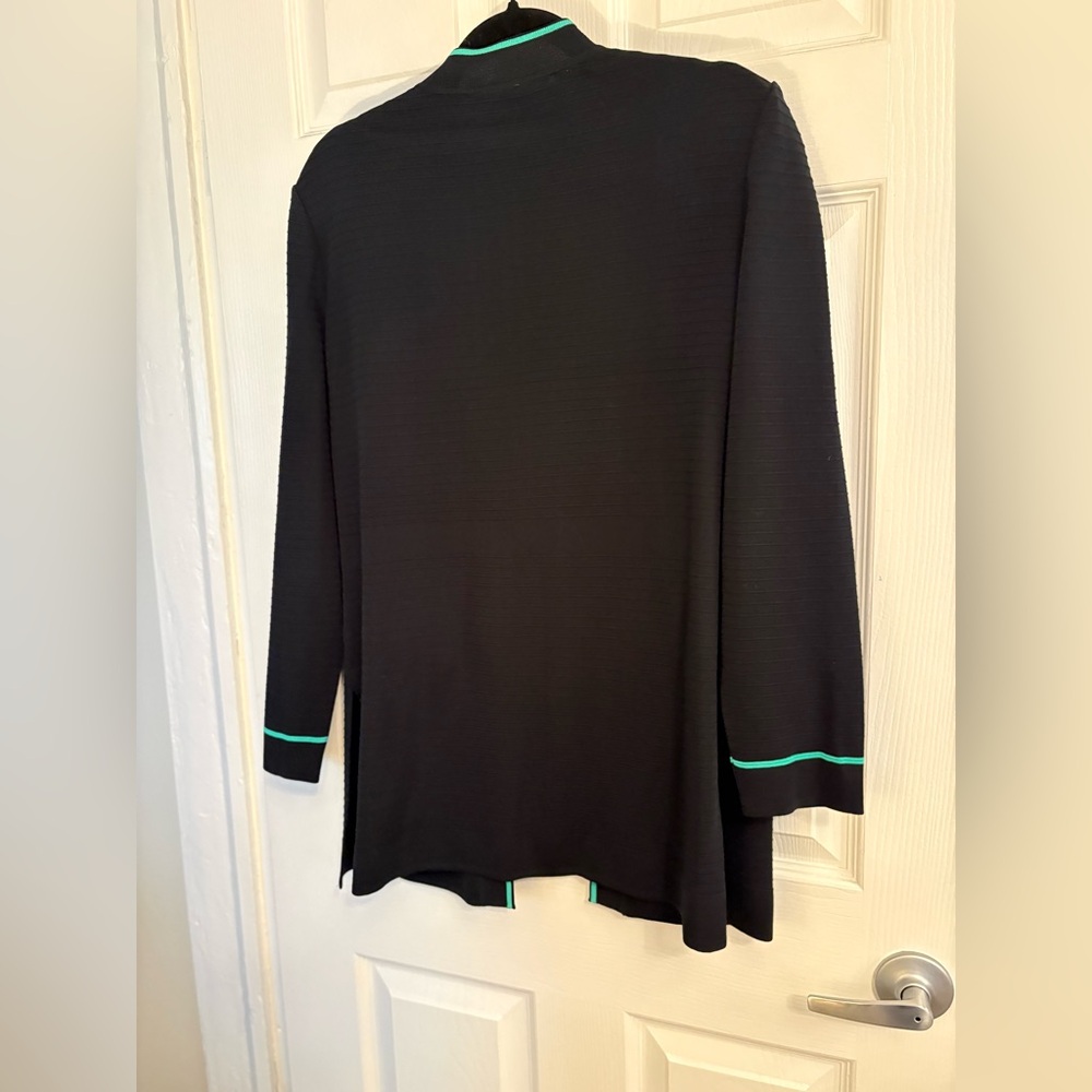 Ming Wang Black Travel Knit Jacket Teal Trim Long Cardigan quiet luxury M NWOT - Picture 8 of 9